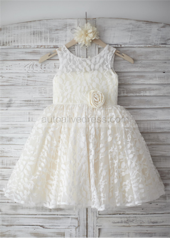 Ivory Lace Champagne Lining Knee Length Rustic Flower Girl Dress